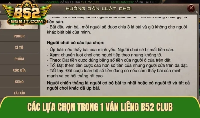 Các lựa chọn trong 1 ván Liêng B52 club