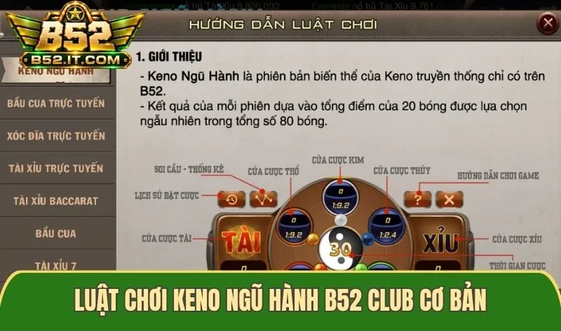 Luật chơi Keno Ngũ Hành B52 Club cơ bản