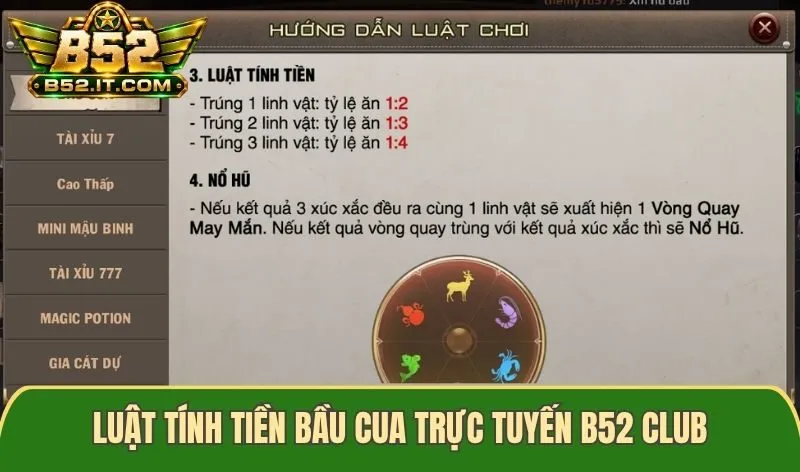 Luật tính tiền Bầu cua trực tuyến B52 club