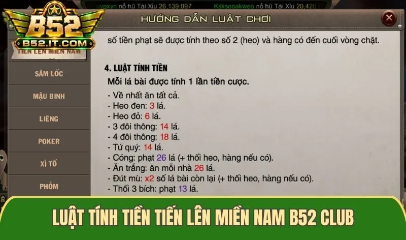 Luật tính tiền trong Tiến lên miền Nam B52 club