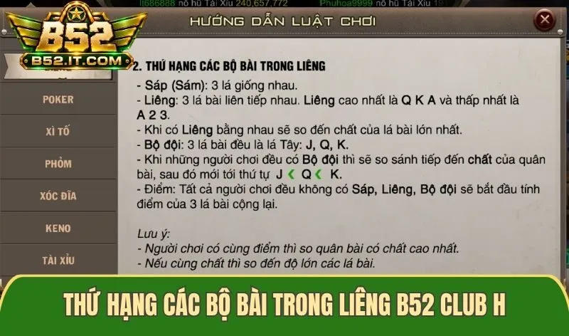 Thứ hạng các bộ bài trong Liêng B52 club theo quy định